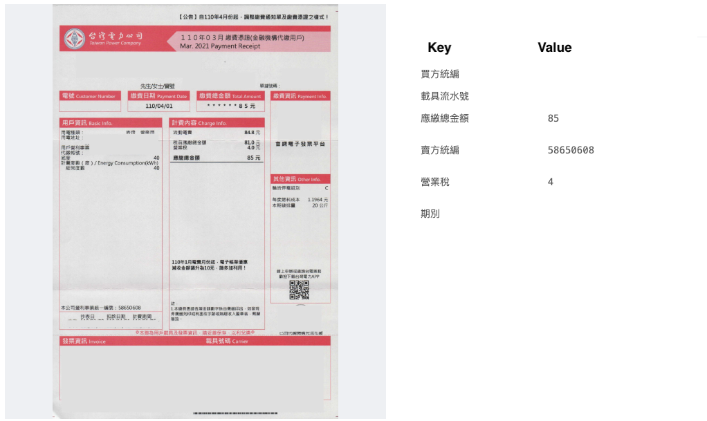 新版台電帳單辨識結果